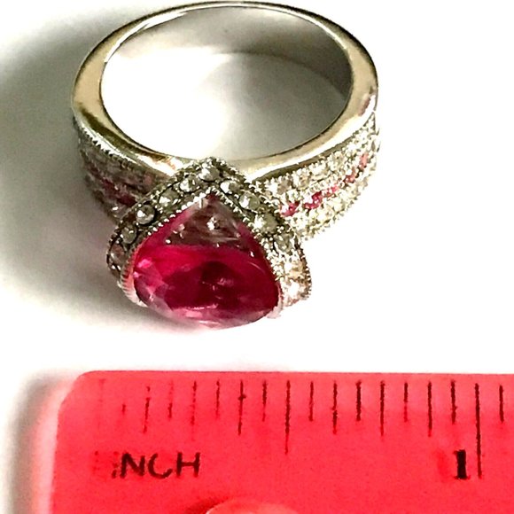 Pink Cubic Zirconia Art Deco Cocktail Ring Size 8 Statement Silver Plated - Picture 15 of 16